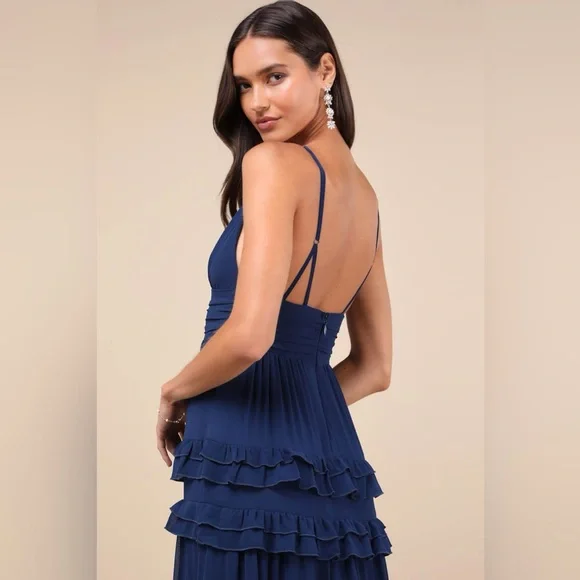 Lulus Lavish Perfection Ruffle Tiered Maxi Dress XS Navy Blue Chiffon Formal - Picture 2 of 11